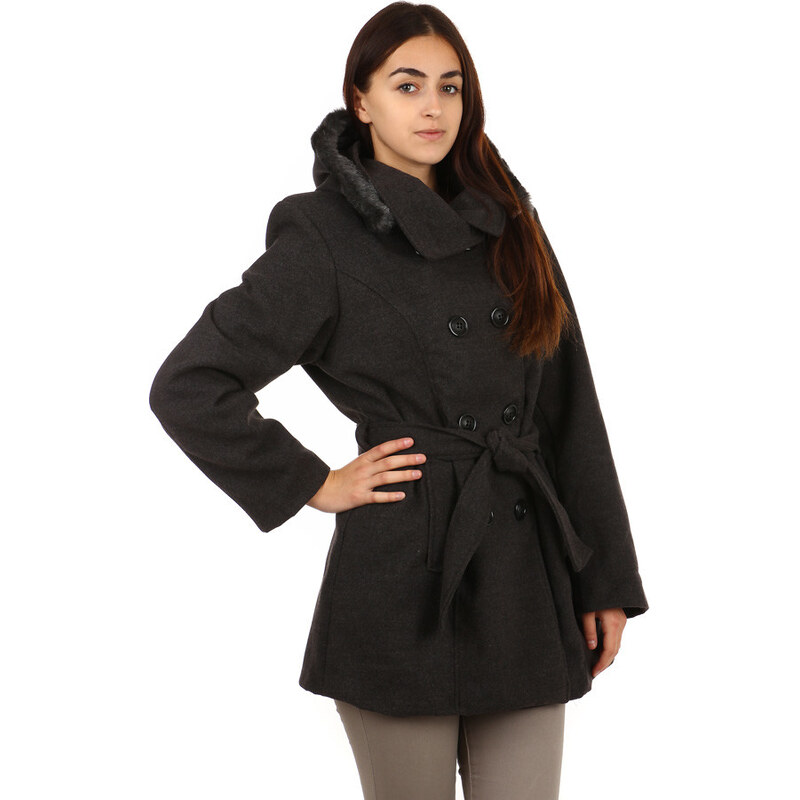 YooY Moderní kabátek s kapucí a kožešinou. tmavě šedá