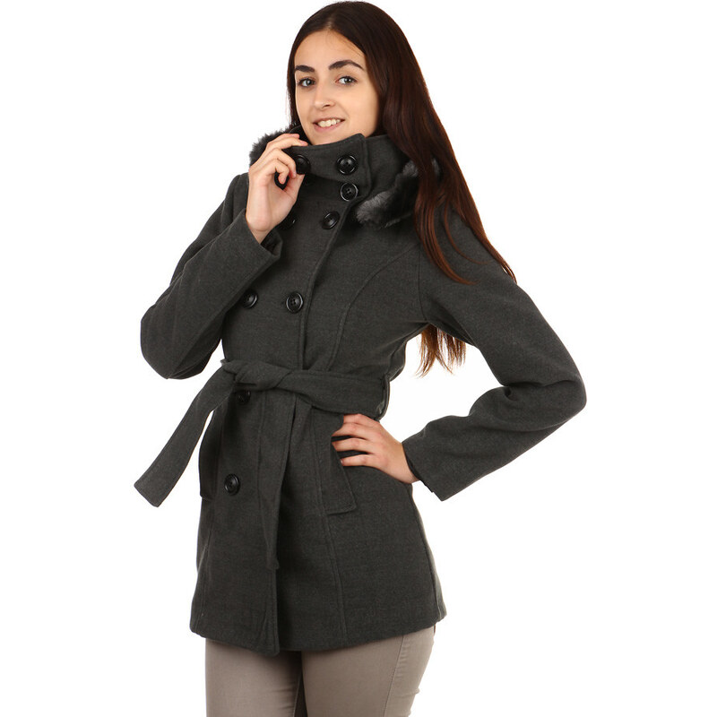 YooY Moderní kabátek s kapucí a kožešinou - i pro plnoštíhlé světle šedá