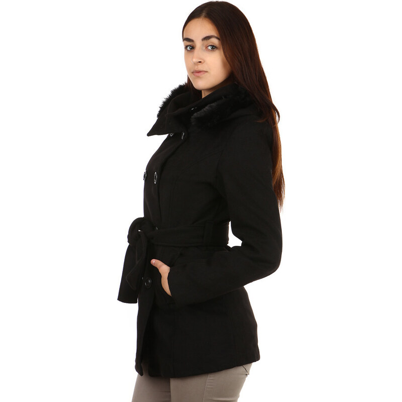 YooY Moderní kabátek s kapucí a kožešinou. černá