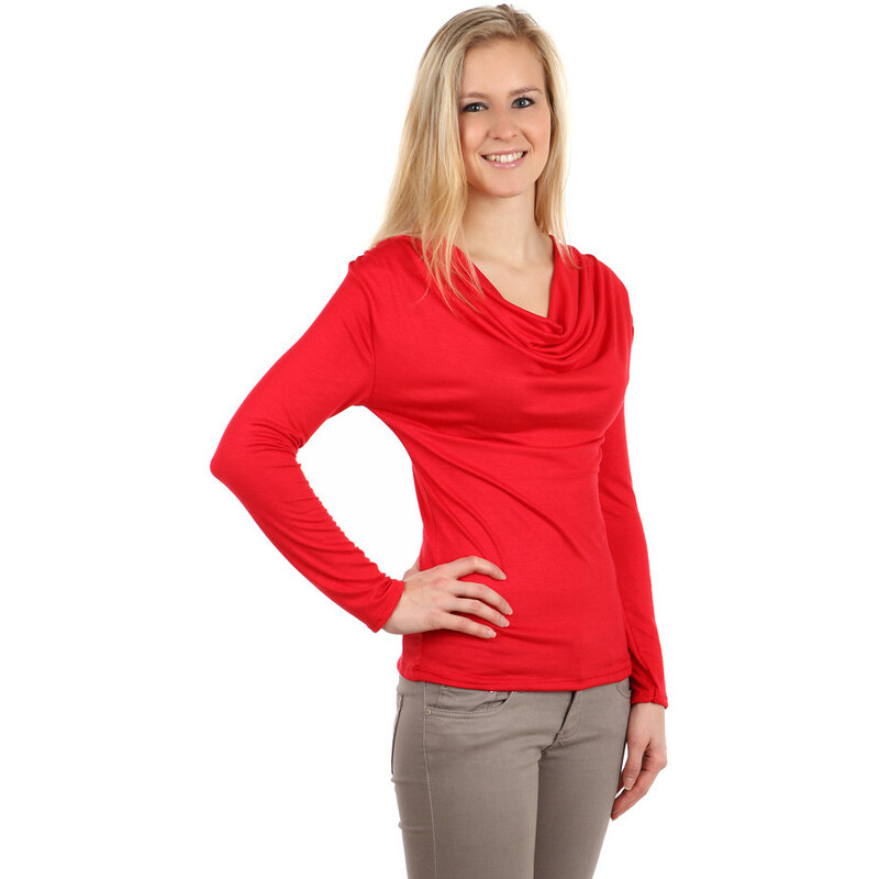 YooY Elegantní tričko s volným výstřihem a dlouhým rukávem červená