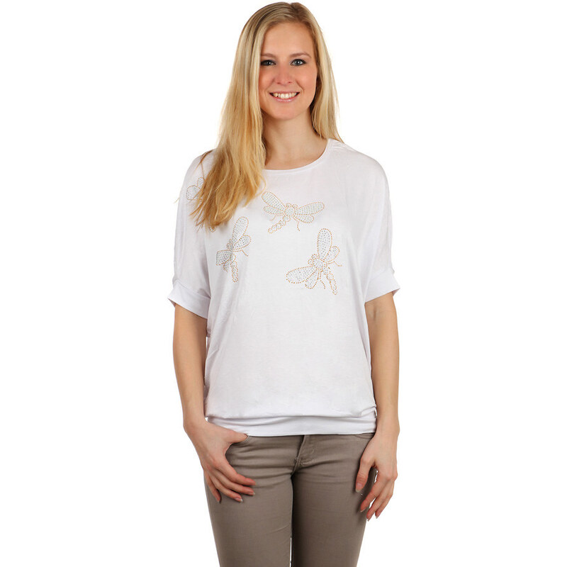 YooY Volné dámské tričko s vážkami (bílá, M/L)