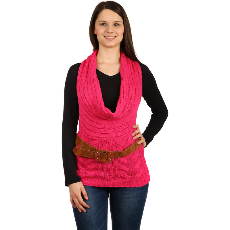 TopMode Příjemná pletená vesta s páskem a širokým límcem růžová