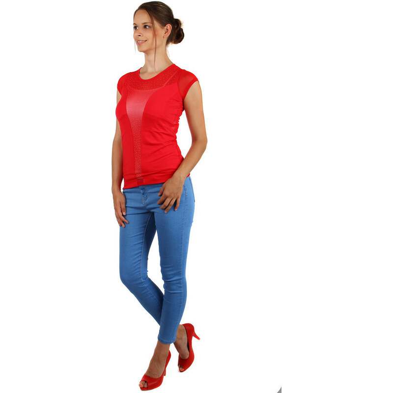 TopMode Průhledné síťované tričko s kamínky (červená, XL/XXL)