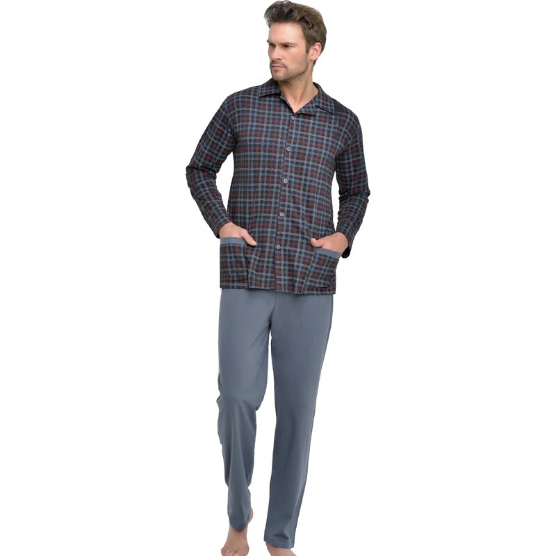 Taro Pánské pyžamo Gabor káro knoflíky nadměrná velikost - modrá