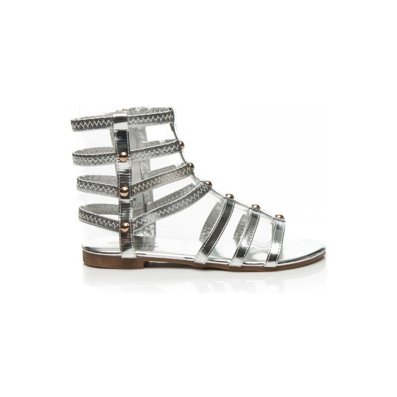 CLOWSE Luxusní stříbrné sandálky z tenkých efektních pásků zdobeny cvočky