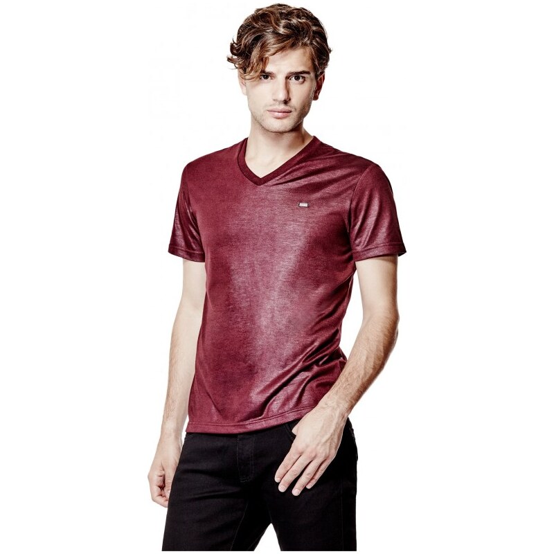 GUESS GUESS Accius Coated V-Neck Tee - marmont red