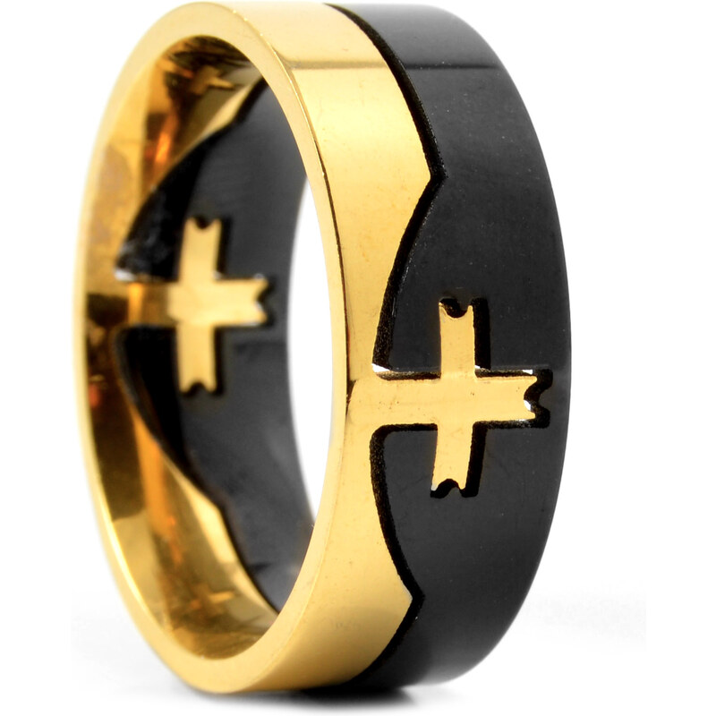 Trendhim Černo-zlatý ocelový prsten Cross D8-6-6647
