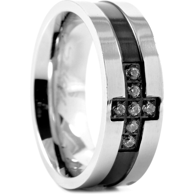 Trendhim Černý ocelový prsten Zirconia Cross J5-2-3148