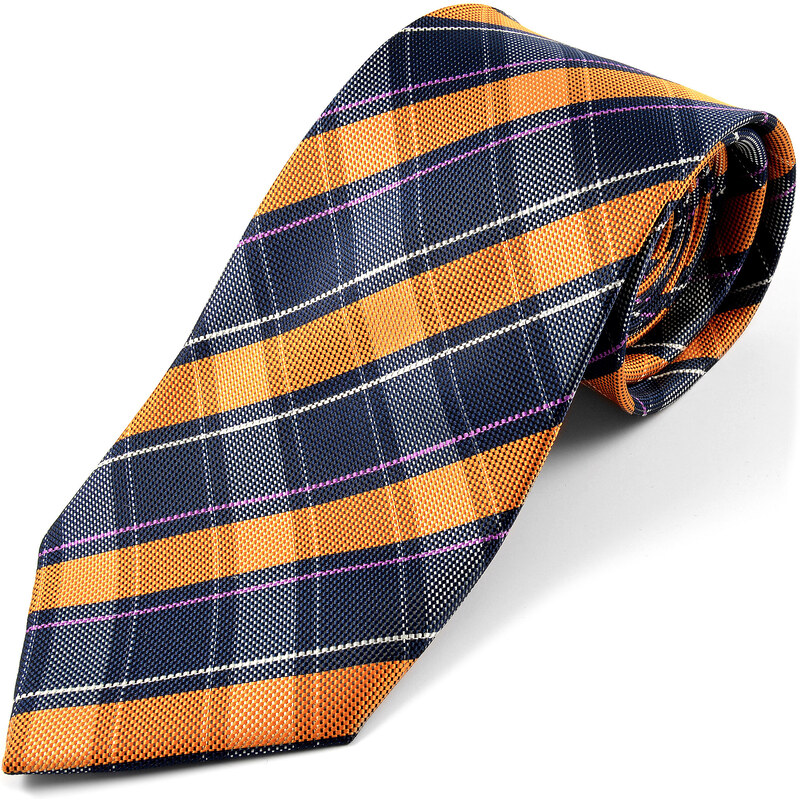 Trendhim Hedvábná kravata s oranžovo-modrým kárem U5-5-4390