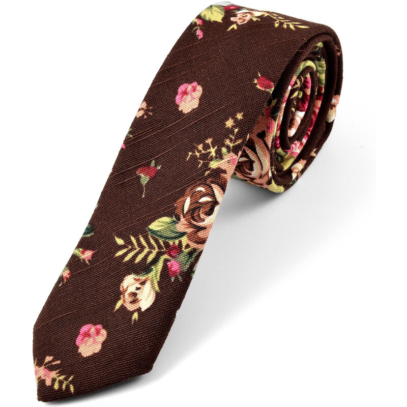 Trendhim Hnědá lněná kravata s květinovým vzorem AE8-2-8551