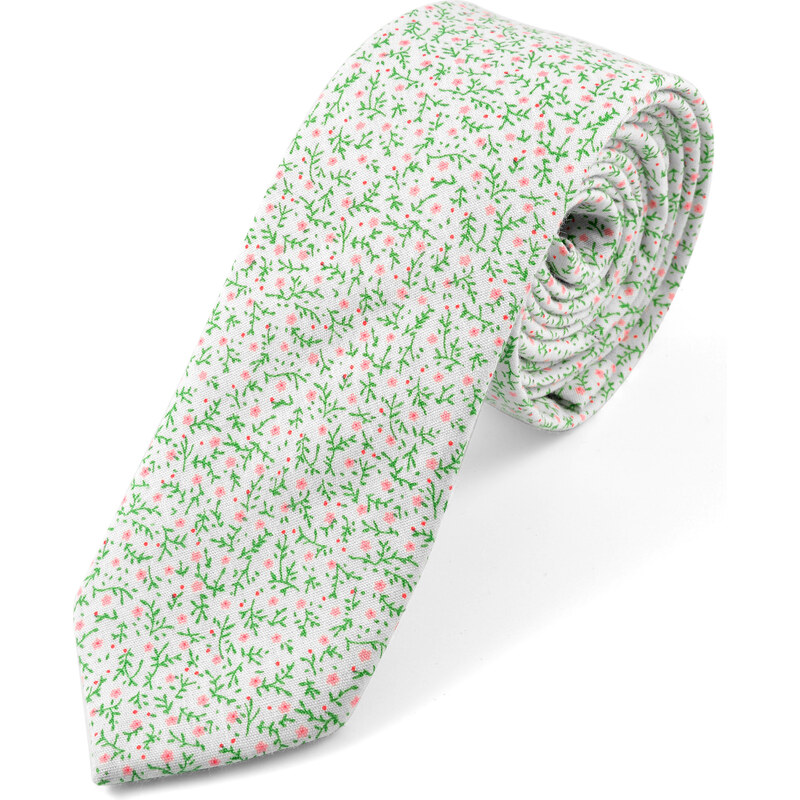 Trendhim Světlá bavlněná kravata s růžovými kvítky U1-3-5052