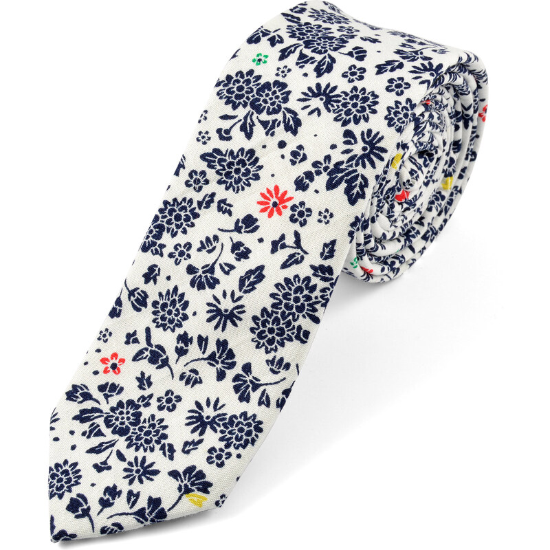 Trendhim Bílo-modrá bavlněná kravata s květinovým vzorem B3-2-8833