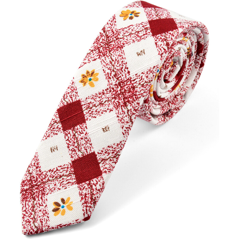 Trendhim Červeno-bílá károvaná kravata s květinami U1-7-7367