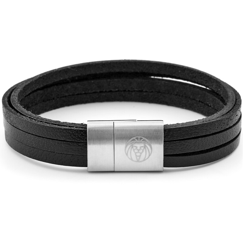 Lucleon Černo-stříbrný náramek se šesti proužky kůže L4-14TGB - steel lock - lion logo - 6 black stands