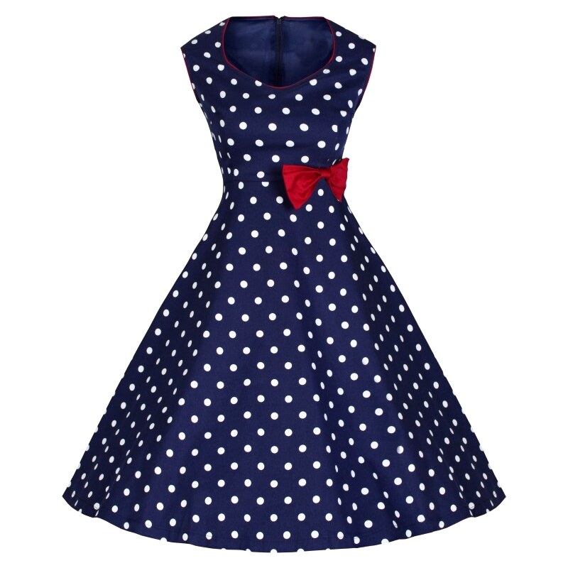 LEDA tmavo modré "dívčí" retro šaty s puntíky a červenou mašličkou