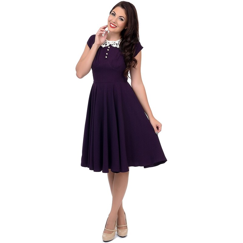 EMILIE švestkové fialové šaty s krajkou - 40.léta - Retro šaty