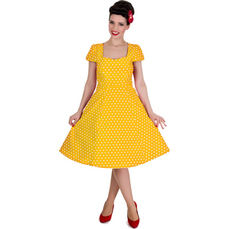 CLAUDIA žluté puntíkované šaty na ples i na piknik - 50.léta