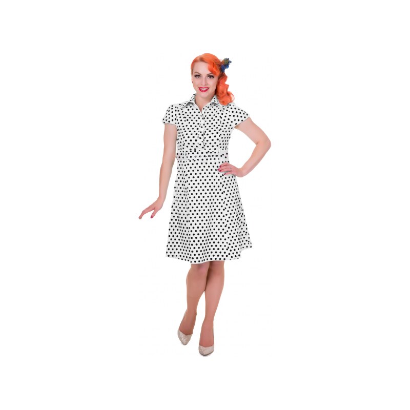 ZELDA bílo-černé puntíkované šaty s rukávem - 50.léta