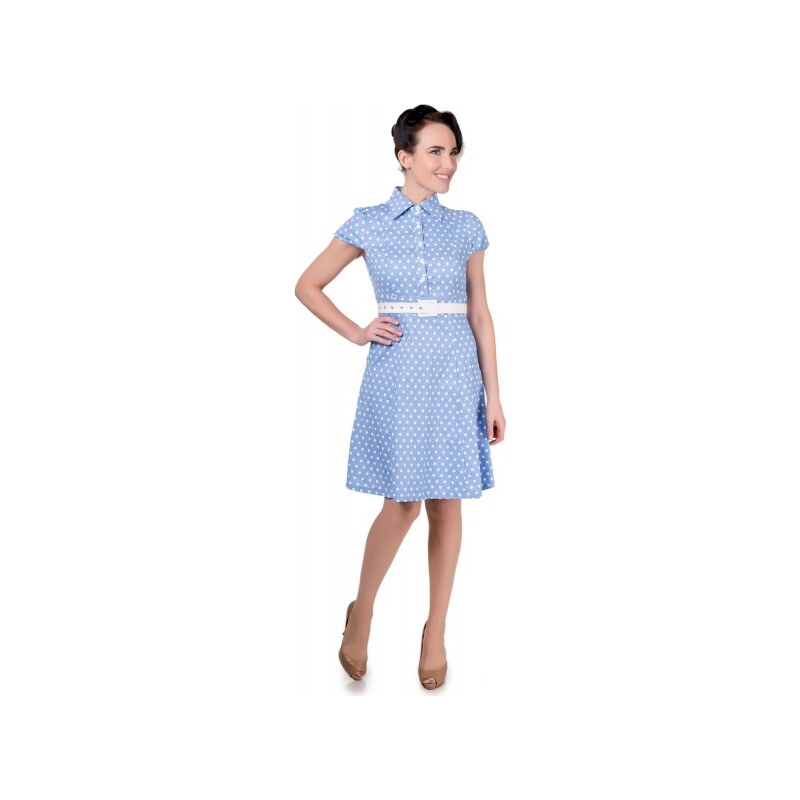 ZELDA modro bílé puntíkované šaty s rukávem - 50.léta