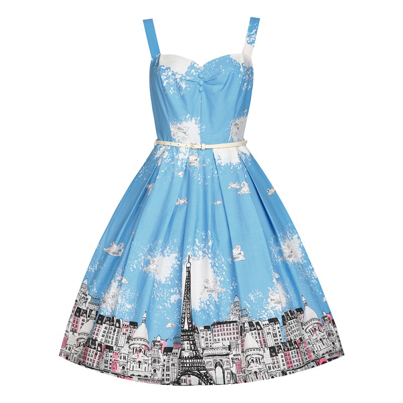 BERNICE světle modré šaty s pařížským potiskem