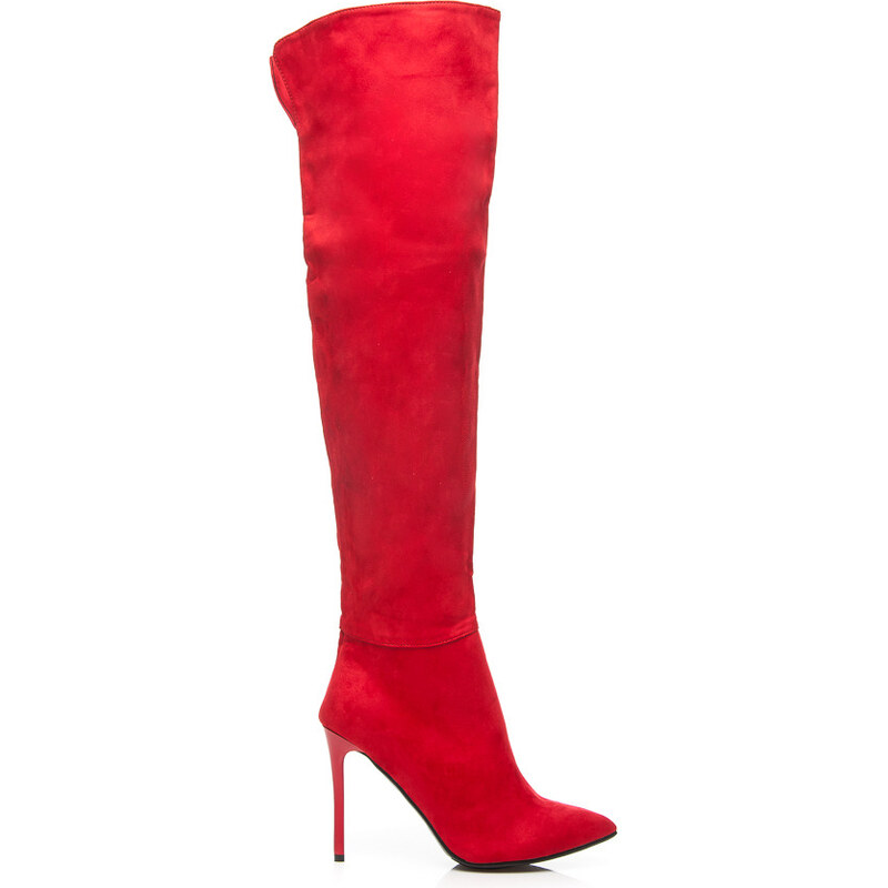 COMER Elegantní červené vysoké kozačky nad kolena na jehlovém podpatku