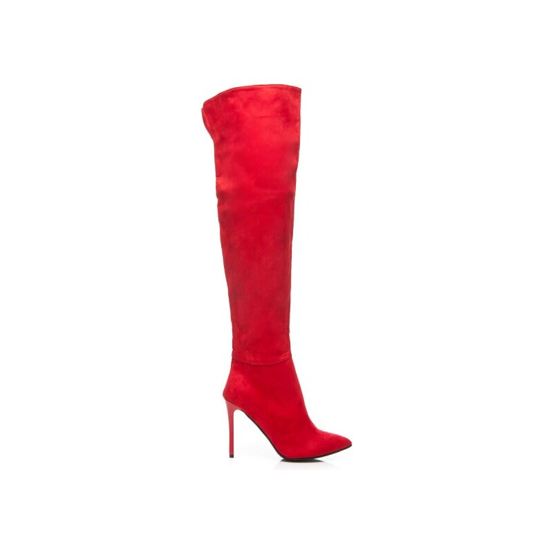 COMER Elegantní červené vysoké kozačky nad kolena na jehlovém podpatku