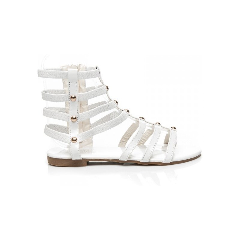 CLOWSE Luxusní bílé sandálky z tenkých efektních pásků zdobeny cvočky