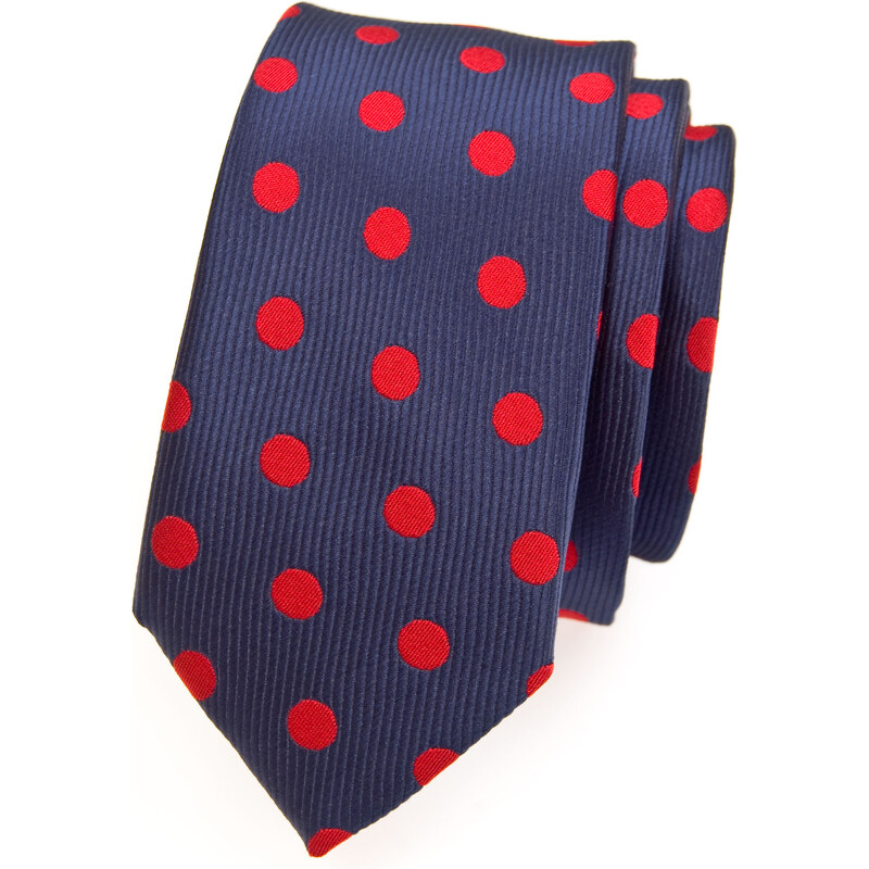 Avantgard Modrá slim kravata s velkými červenými puntíky_