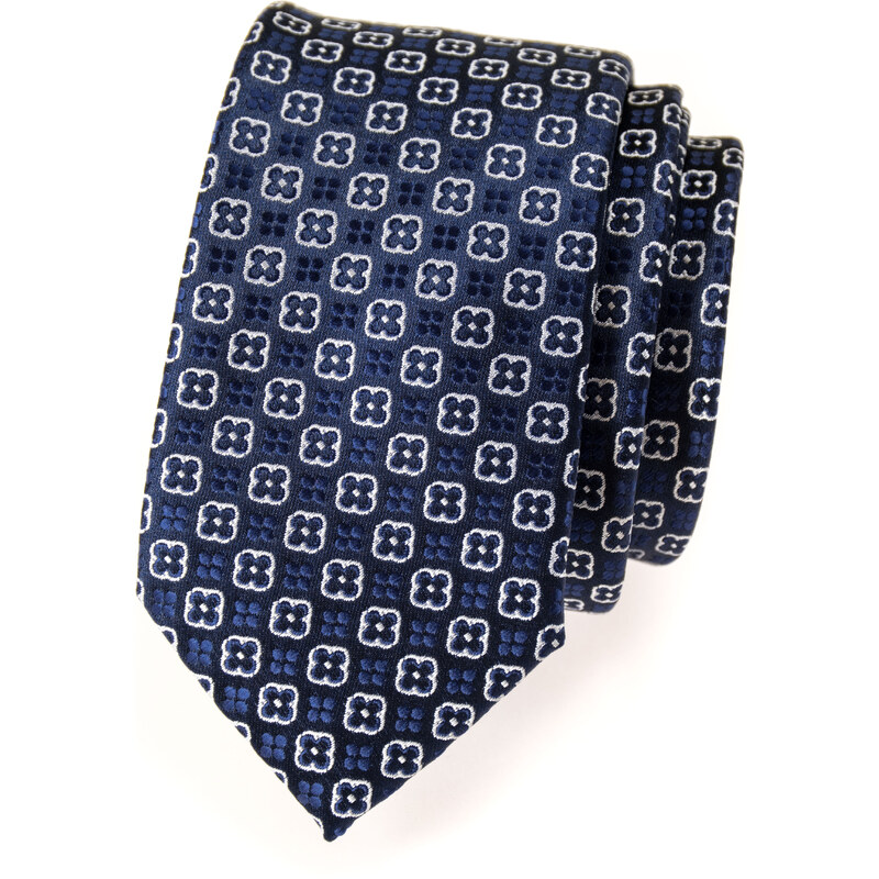 Avantgard Tmavě modrá slim květovaná kravata s bílým detailem_
