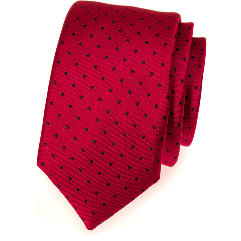 Avantgard Červená slim kravata s tmavými malými puntíky_