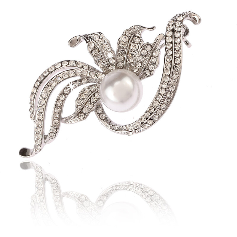 Fashion Icon Brože list s perlou stříbrná BR0188-0312
