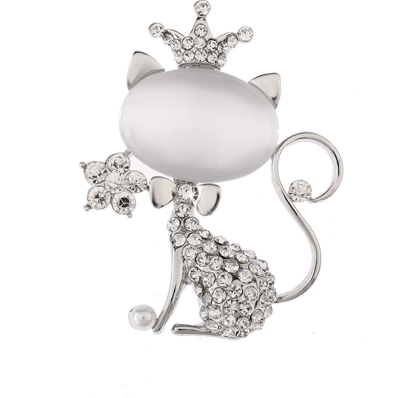 Fashion Icon Brož kočička s krystalky, kamenem a perličkou BR0179-0312