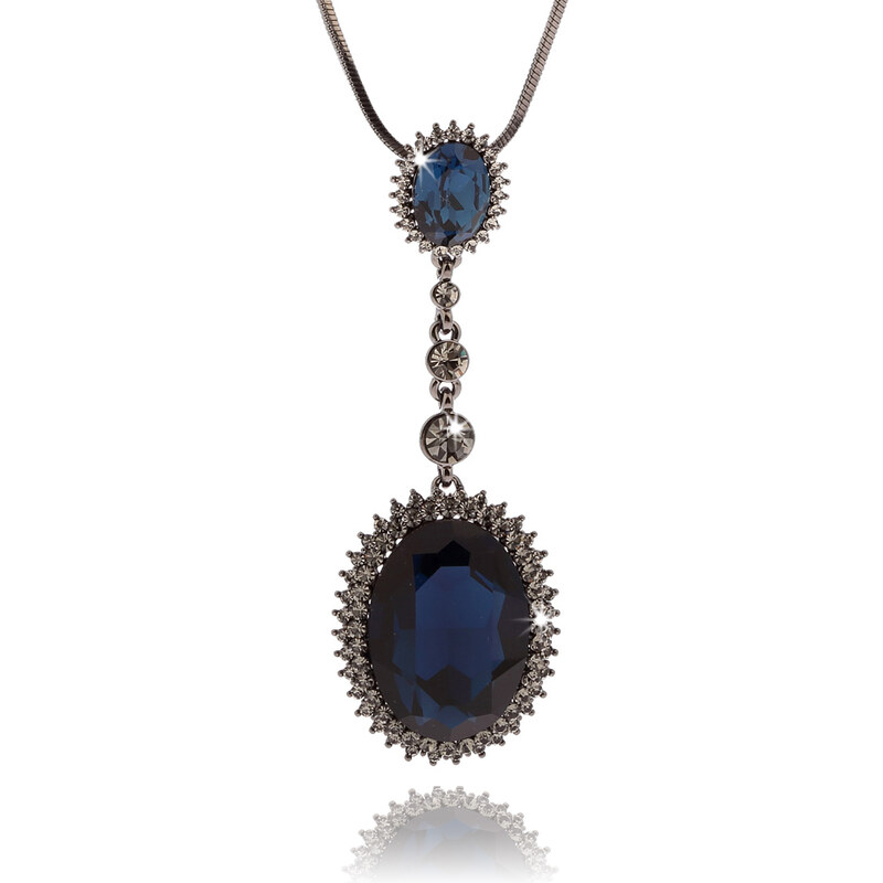 Fashion Icon Přívěsek pokovený rutheniem s modrými kameny, krystalky a řetízkem PK0384-0337