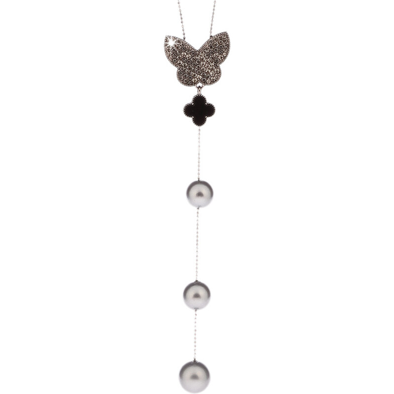 Fashion Icon Náhrdelník motýl s krystalky a šedými perlami NK0182-0337