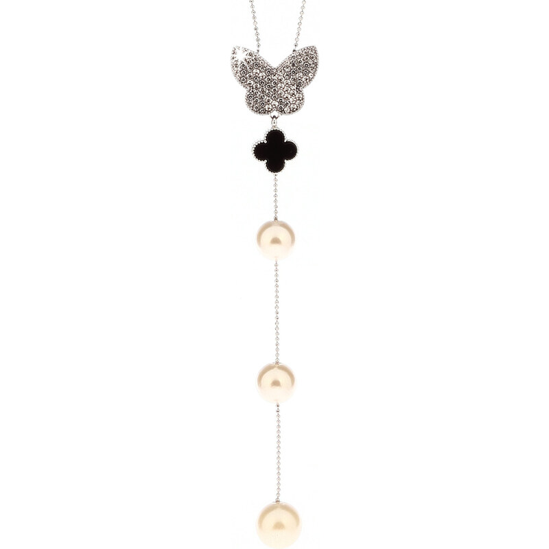 Fashion Icon Náhrdelník motýl s krystalky a šedými perlami NK0182-0312