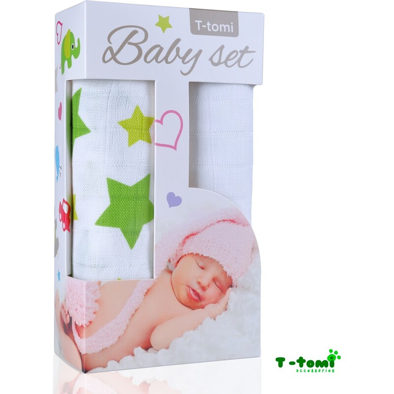 T-tomi Baby set - bambusová osuška zelené hvězdičky + bambusová osuška bílá