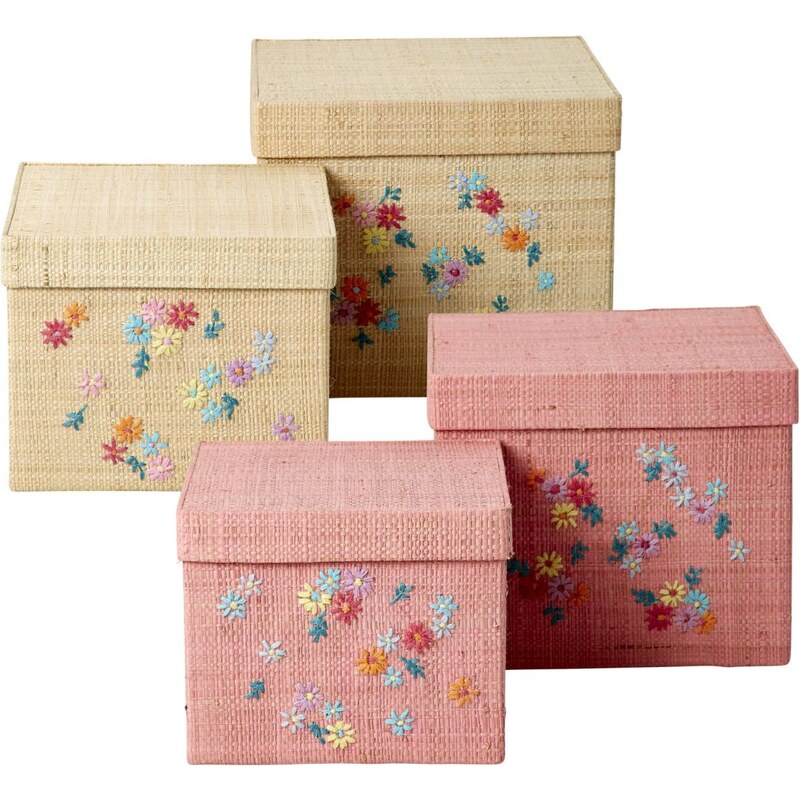 Rice Úložná krabička Flowers Natural/Pink Větší růžová