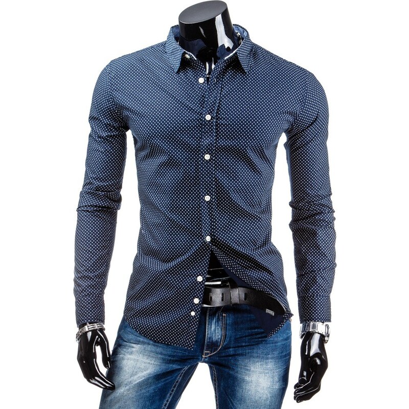 Coolbuddy Pánská modrá košile s bílým vzorkem a dlouhým rukávem 4753