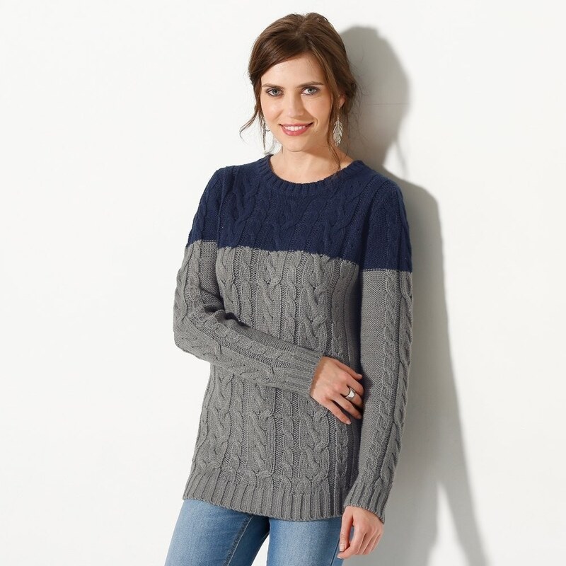 Blancheporte Dvoubarevný pulovr s copánkovým vzorem nám.modrá/šedá 34/36