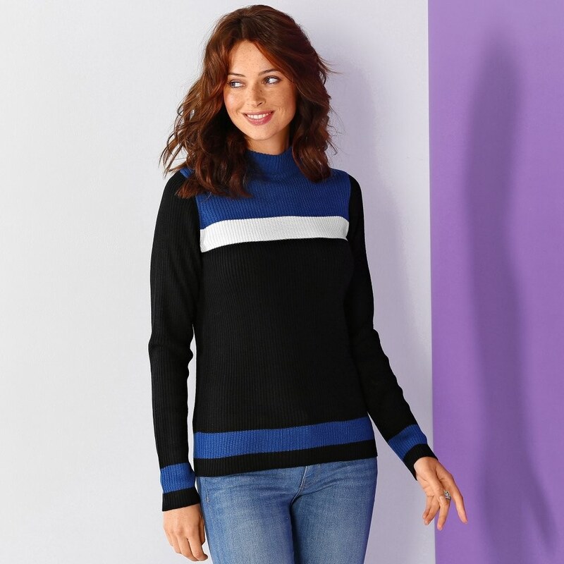 Blancheporte Žebrovaný pulovr s grafickým designem černá/tmavě modrá