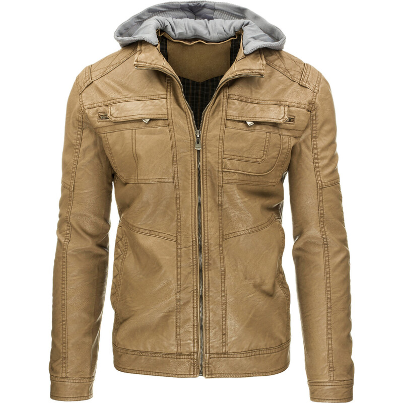 Pánská kožená bunda s kapucí - světle hnědá Velikost: XL