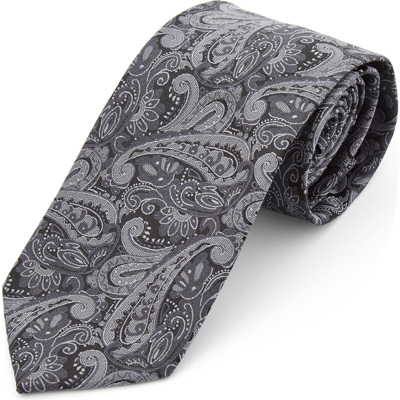 Trendhim Široká stříbrno-šedá polyesterová kravata s Paisley vzorem A0-3-11647