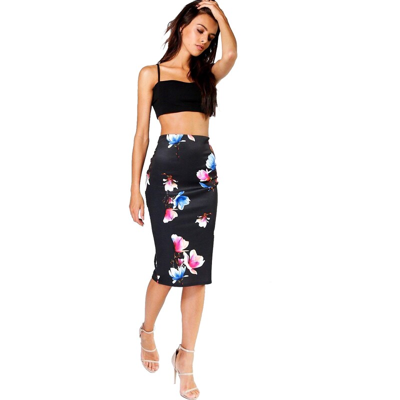 BOOHOO Černá sukně Luella s květinovým vzorem
