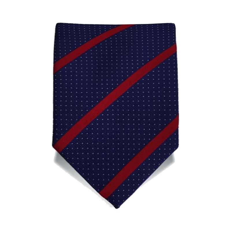 Hedvábná kravata - tmavě modrá s červenými pruhy a puntíky