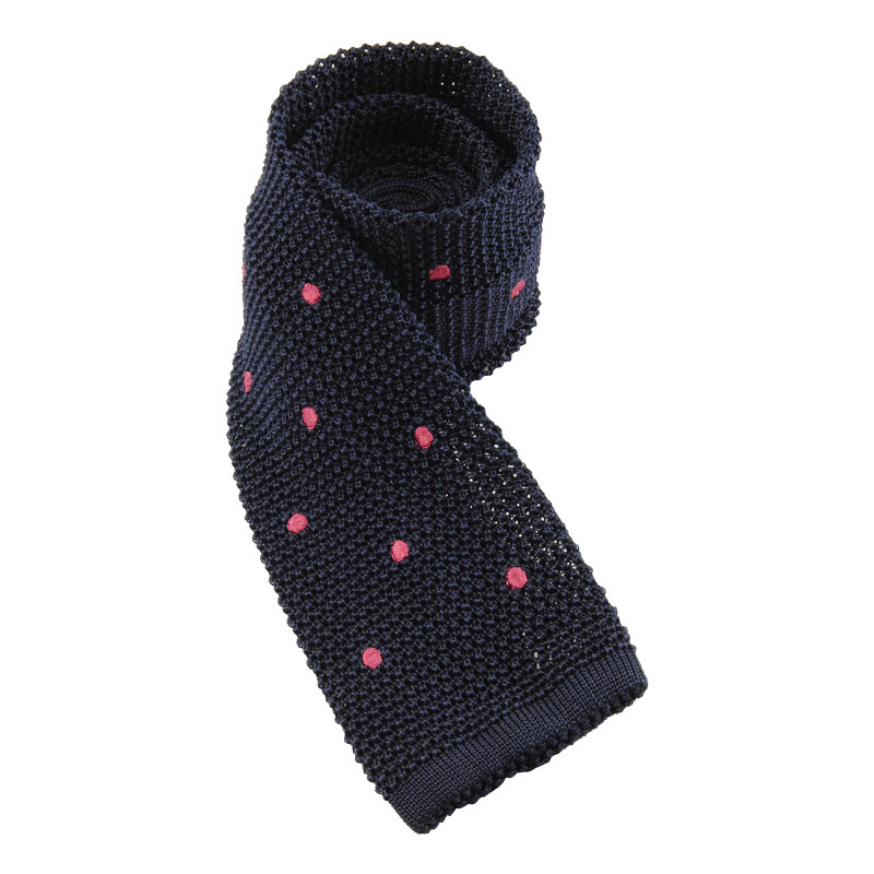 Hedvábná pletená kravata - navy s růžovými puntíky