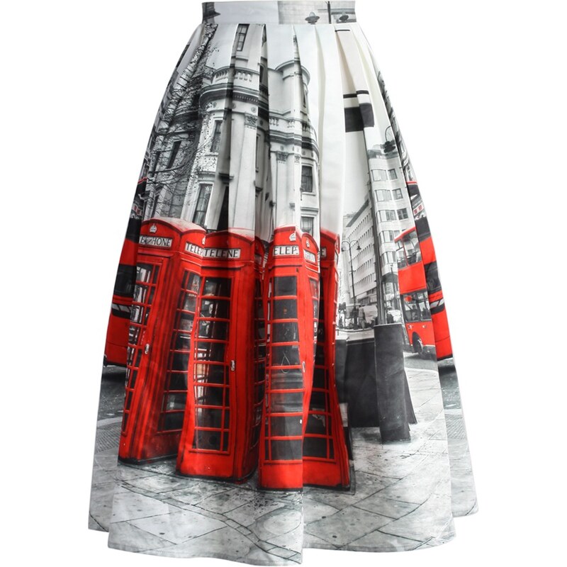 Romantická skládaná sukně Chicwish s motivem Londýna XXL