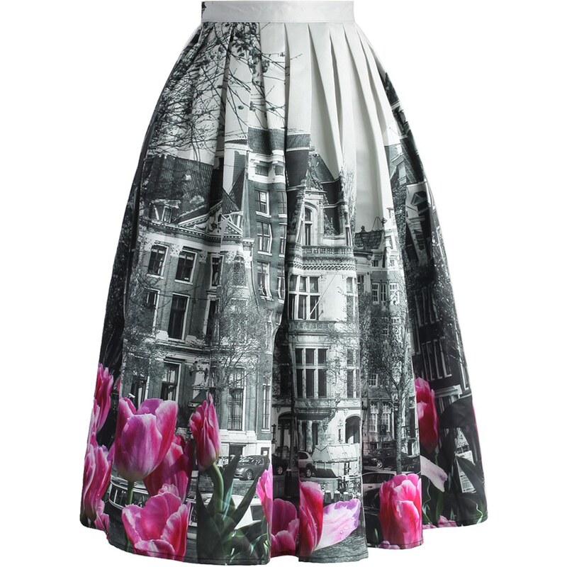 Romantická skládaná sukně Chicwish s motivem tulipánů XL