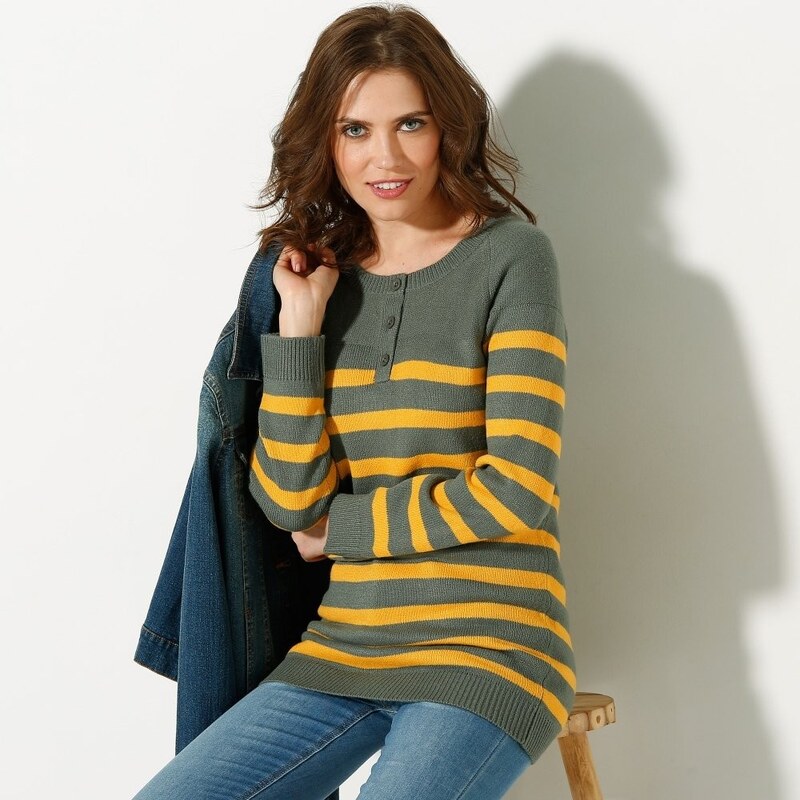 Blancheporte Pruhovaný pulovr s tuniským výstřihem khaki/medová