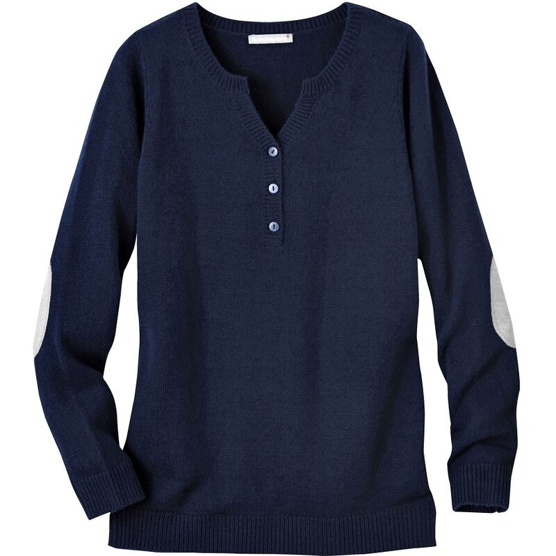 Blancheporte Jednobarevný pulovr s tuniským výstřihem námořnická modrá/šedý melír