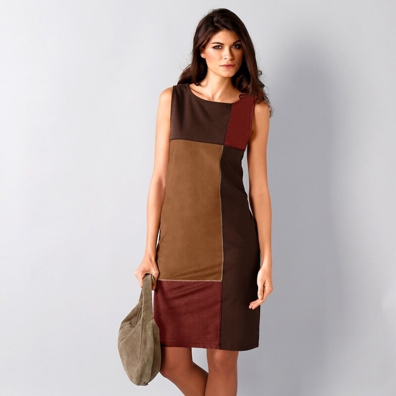 Blancheporte Semišové šaty s patchwork efektem karamelová